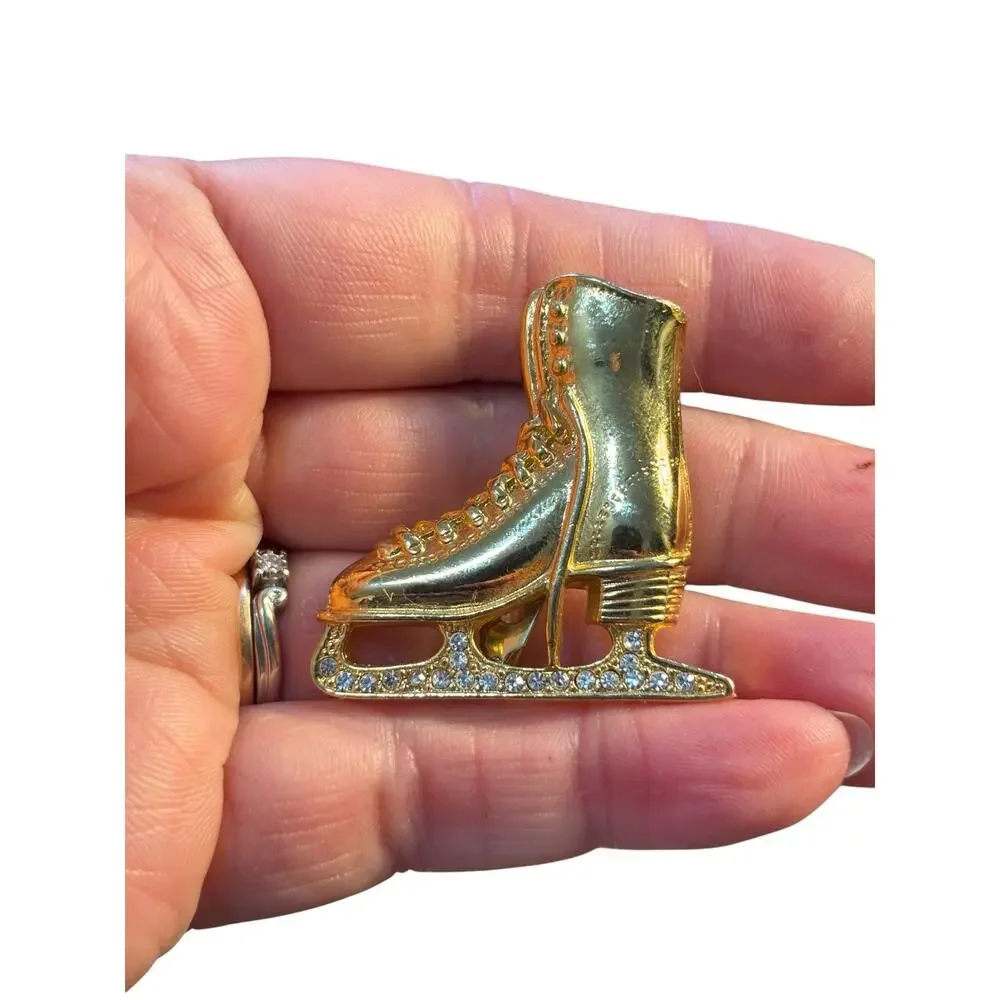 Gold Ice Skate Rhinestone Brooch Winter Olympics Holiday Vintage Pin